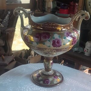 Vintage Gold and Pink Floral Porcelain Compote